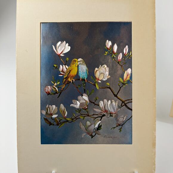 Foil Art Bird Lot Two (2) Signed F. Osborne Vintage B Parakeet Magnolias Floral2 - Picture 2 of 16